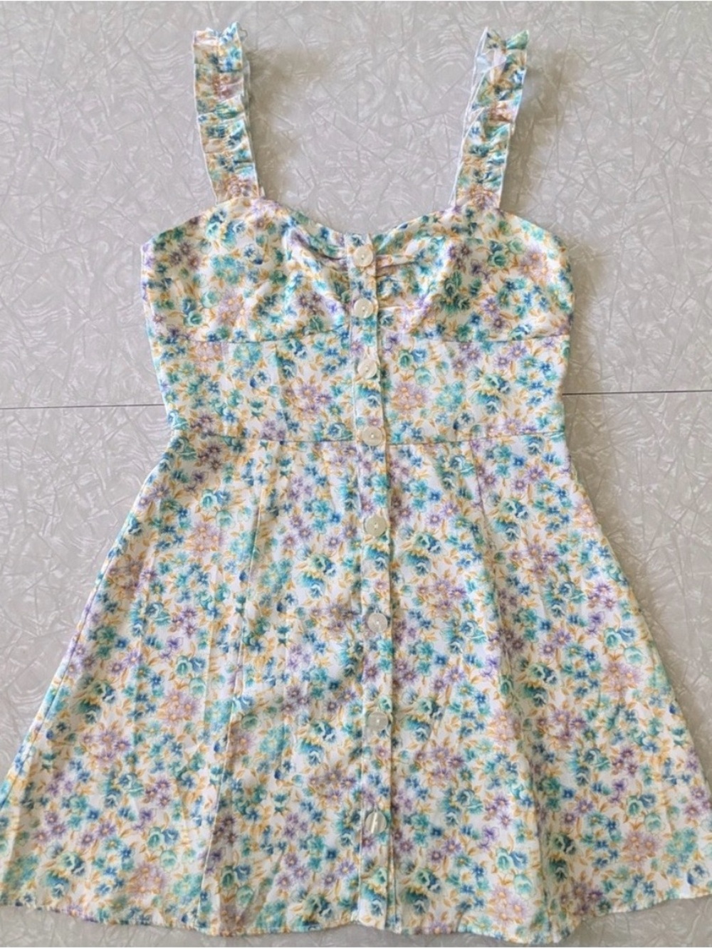 Zara Floral Mini Dress in White with Blue, Yellow & Purple Blossoms